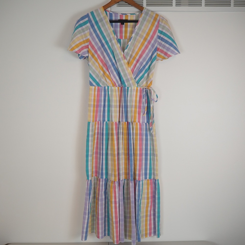 J. Crew Seersucker Midi Wrap Dress Size 4 Rainbow Stripe Flirty Preppy Vacation